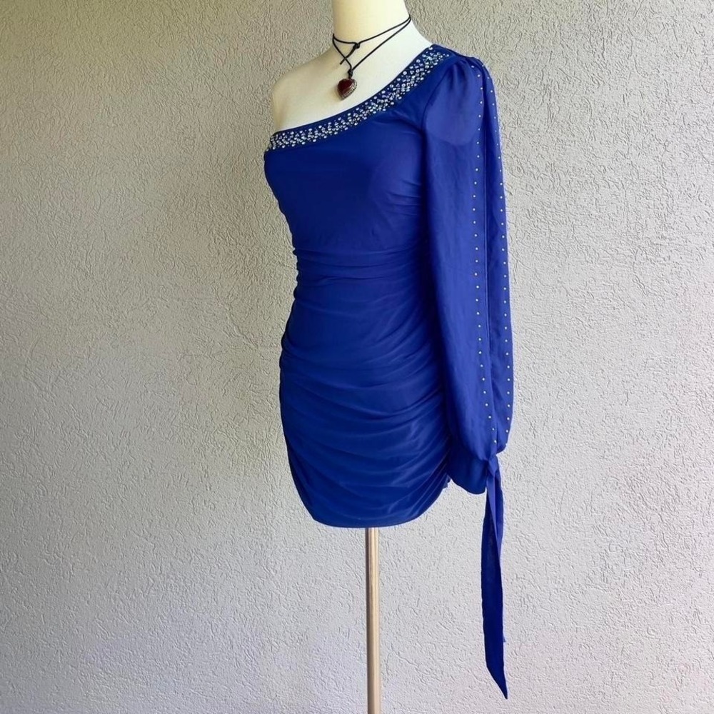 Y2K Deb Blue Rhinestone Mini Dress Medium Party Club One Shoulder Long Sleeve - Picture 5 of 7